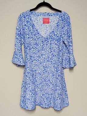Ginger G Blue & White Floral V-Neck Mini Dress with Fluted Sleeves
